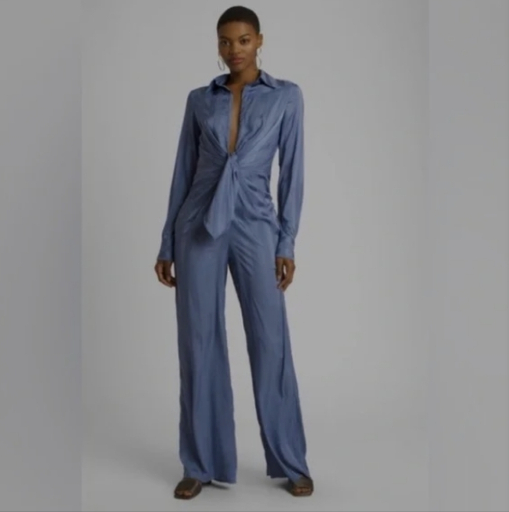 CHOOSY Lafayette Satin Stripe Plunge Neckline Jumpsuit